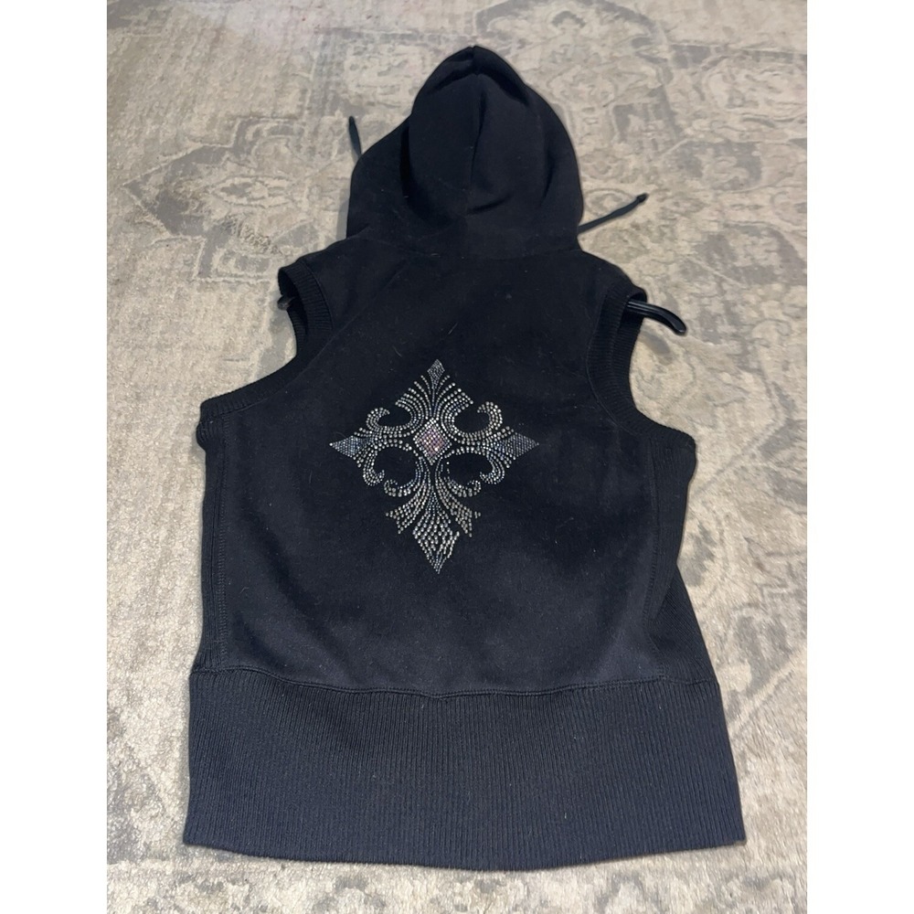 Lawman Jeans‎ Black Full Zip Vest Faux Fur Hood Sz Large Womens Bling Cross - Picture 5 of 5